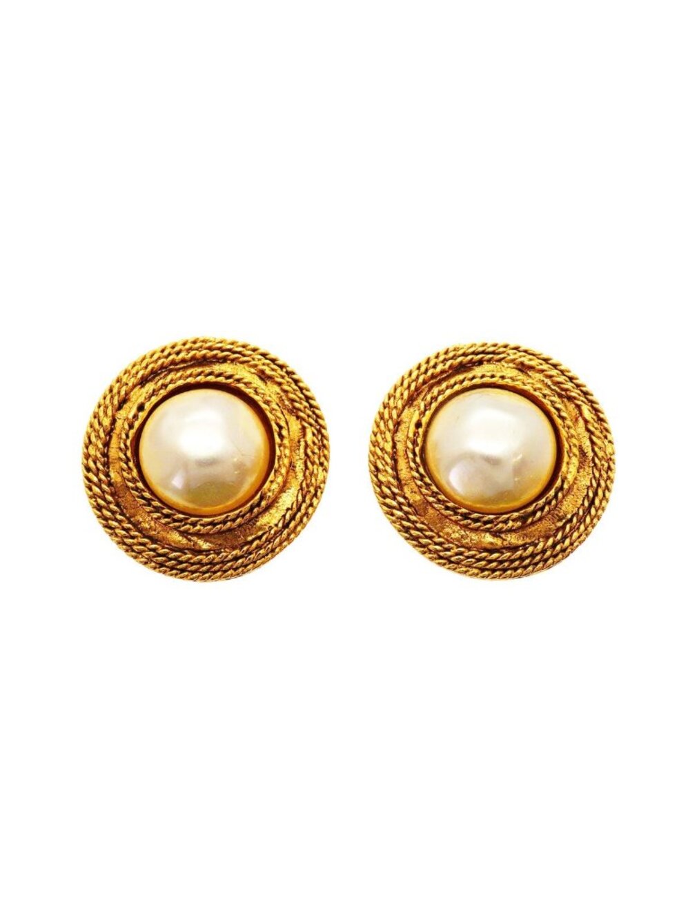 Chanel Earrings Vintage Round Circle Gold Plated Faux Pearl